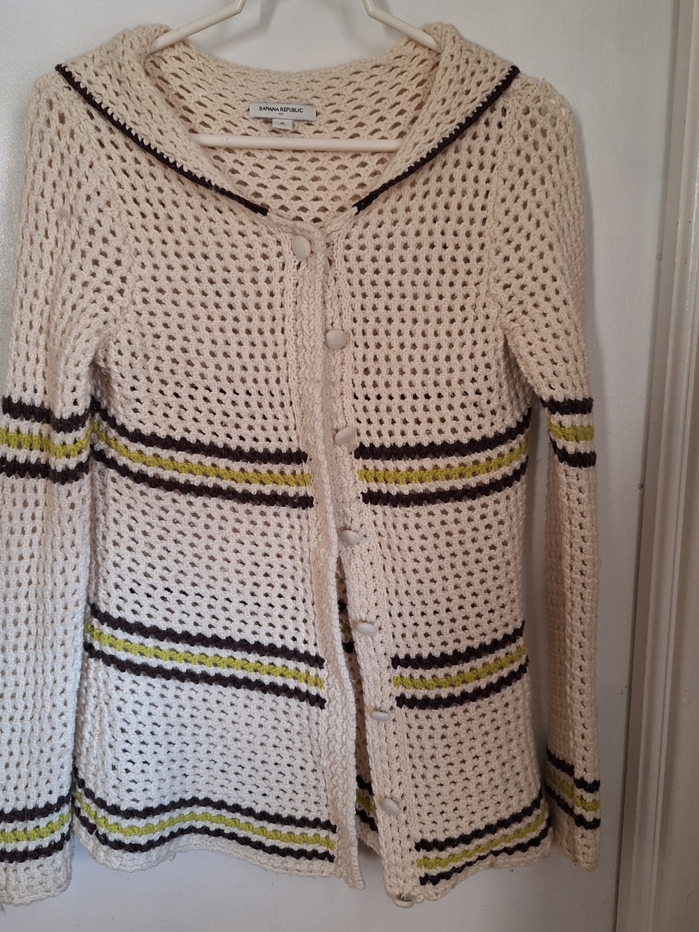 Banana Republic Cream Crochet Cardigan with Brown and Lime Stripes
